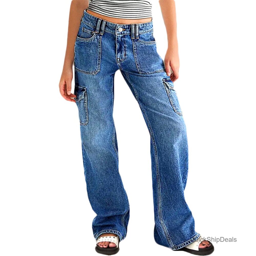 High Waisted Straight Leg Cargo Jeans with 6 Pockets, Cotton Blend